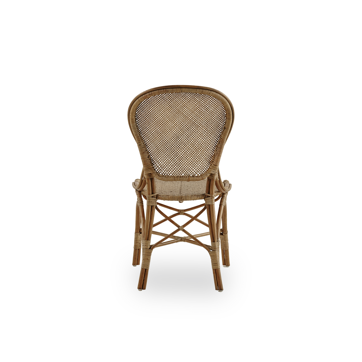 Plain back view of Rossini dining chair in antique brown color. Elegant wicker chair with round backrest in simple design. Handcrafted from high quality rattan.