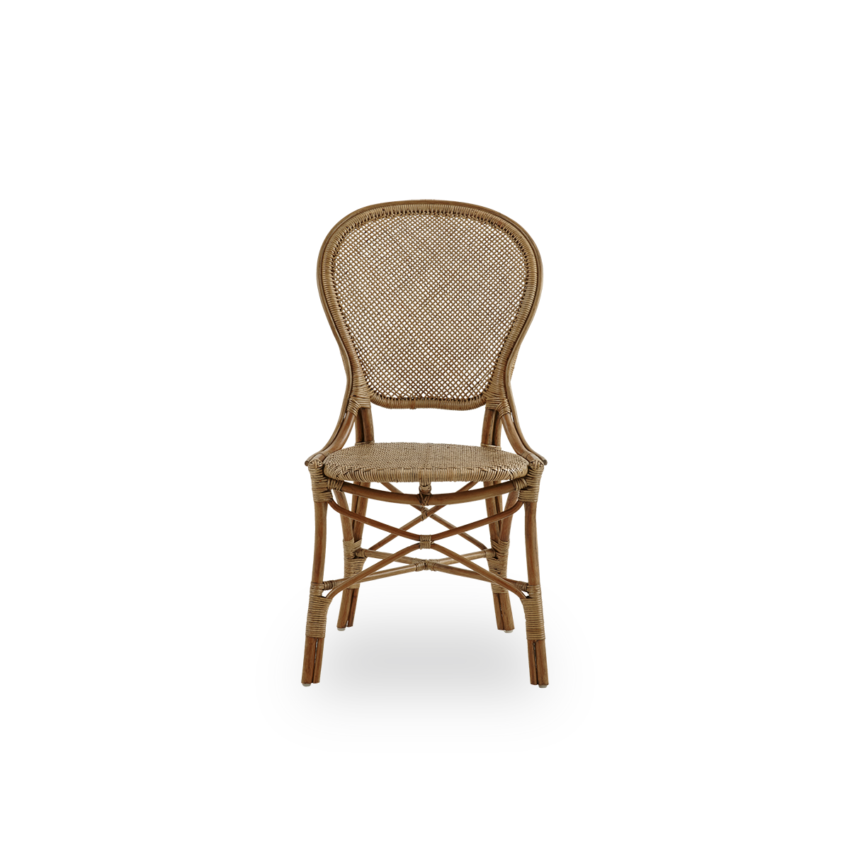 Front view of the Rossini dining chair in antique brown color.
Elegant wicker chair with round backrest in a simple design. Handcrafted from high-quality rattan.