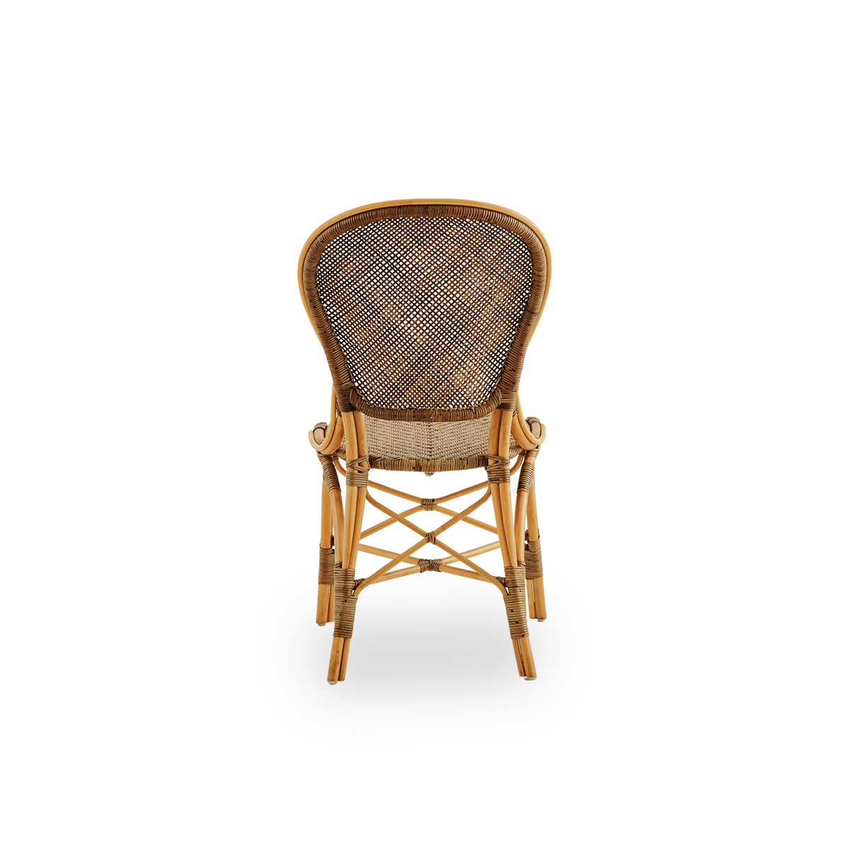 Plain back view of Rossini dining chair in Cherry color. Elegant wicker chair with round backrest in simple design. Handcrafted from high quality rattan.
