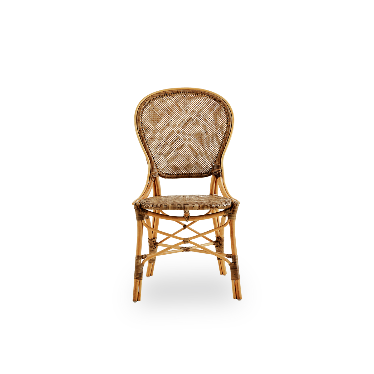 Front view of the Rossini dining chair in cherry color.
Elegant wicker chair with round backrest in a simple design. Handcrafted from high-quality rattan.