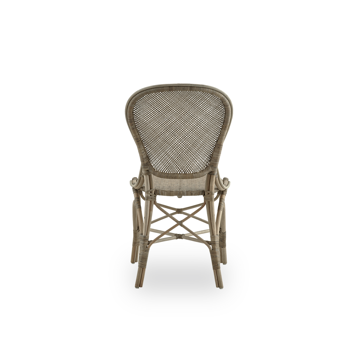 Plain back view of Rossini dining chair in Taupe color. Elegant wicker chair with round backrest in simple design. Handcrafted from high quality rattan.