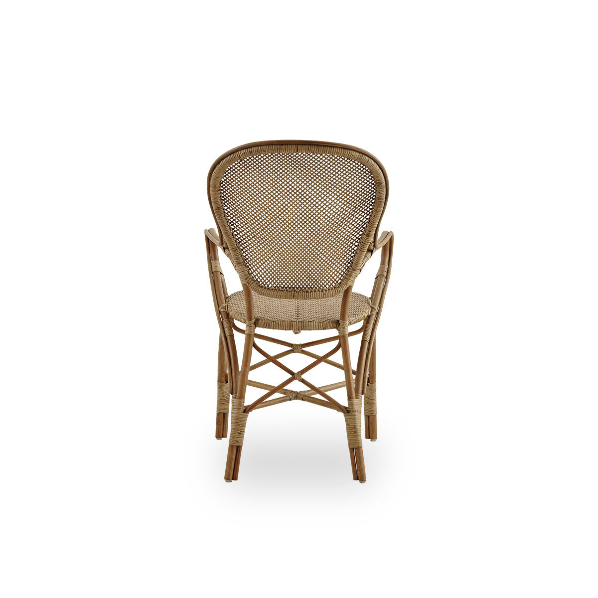 Plain back view of Rossini dining armchair in antique brown color. Elegant wicker chair with round backrest and armrests in simple design. Handcrafted from high quality rattan.
