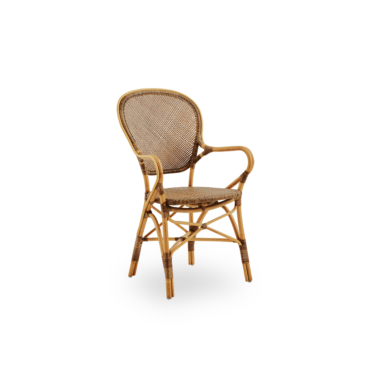 Side view of Rossini dining armchair in Cherry color. Elegant wicker chair with round backrest and armrests in simple design. Handcrafted from high quality rattan.