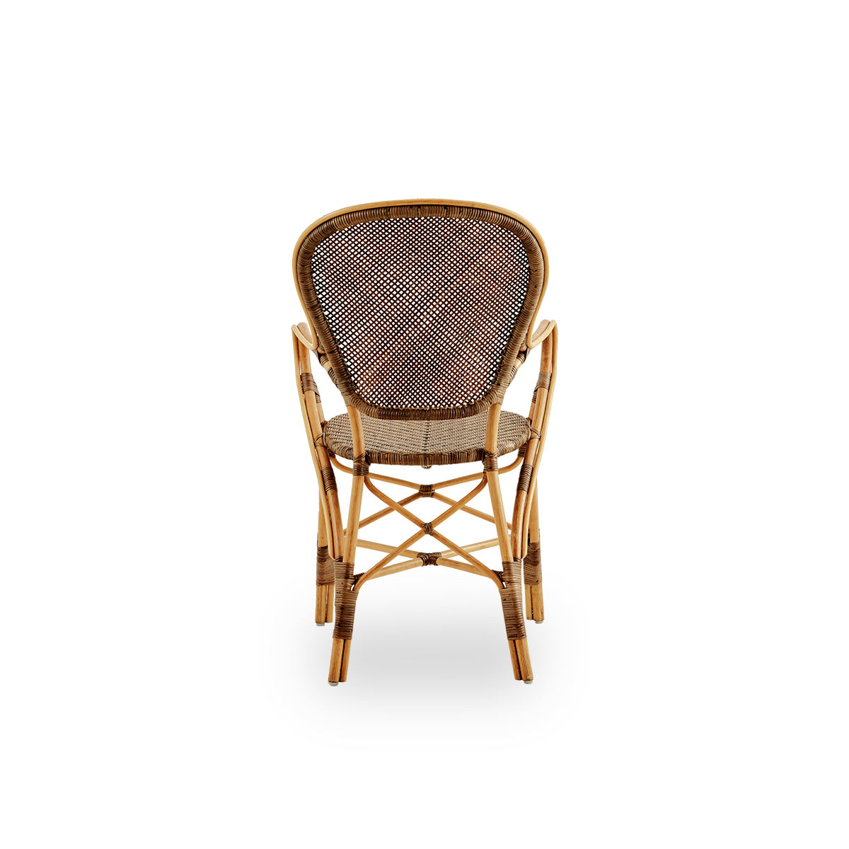 Plain back view of Rossini dining armchair in Cherry color. Elegant wicker chair with round backrest and armrests in simple design. Handcrafted from high quality rattan.