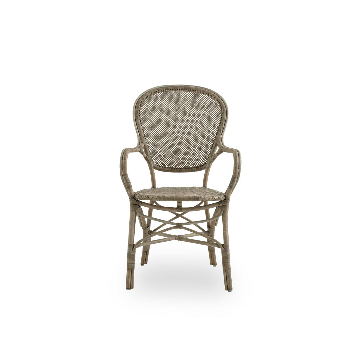 Front view of the Rossini dining armchair in taupe color.
Elegant wicker chair with round backrest and armrests in a simple design. Handcrafted from high-quality rattan.