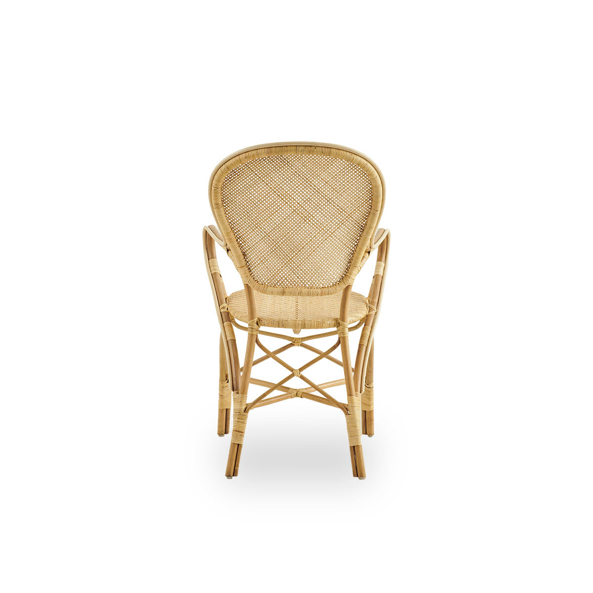 Plain back view of Rossini dining armchair made in natural rattan. Elegant wicker chair with round backrest and armrests in simple design. Handcrafted from high quality rattan.