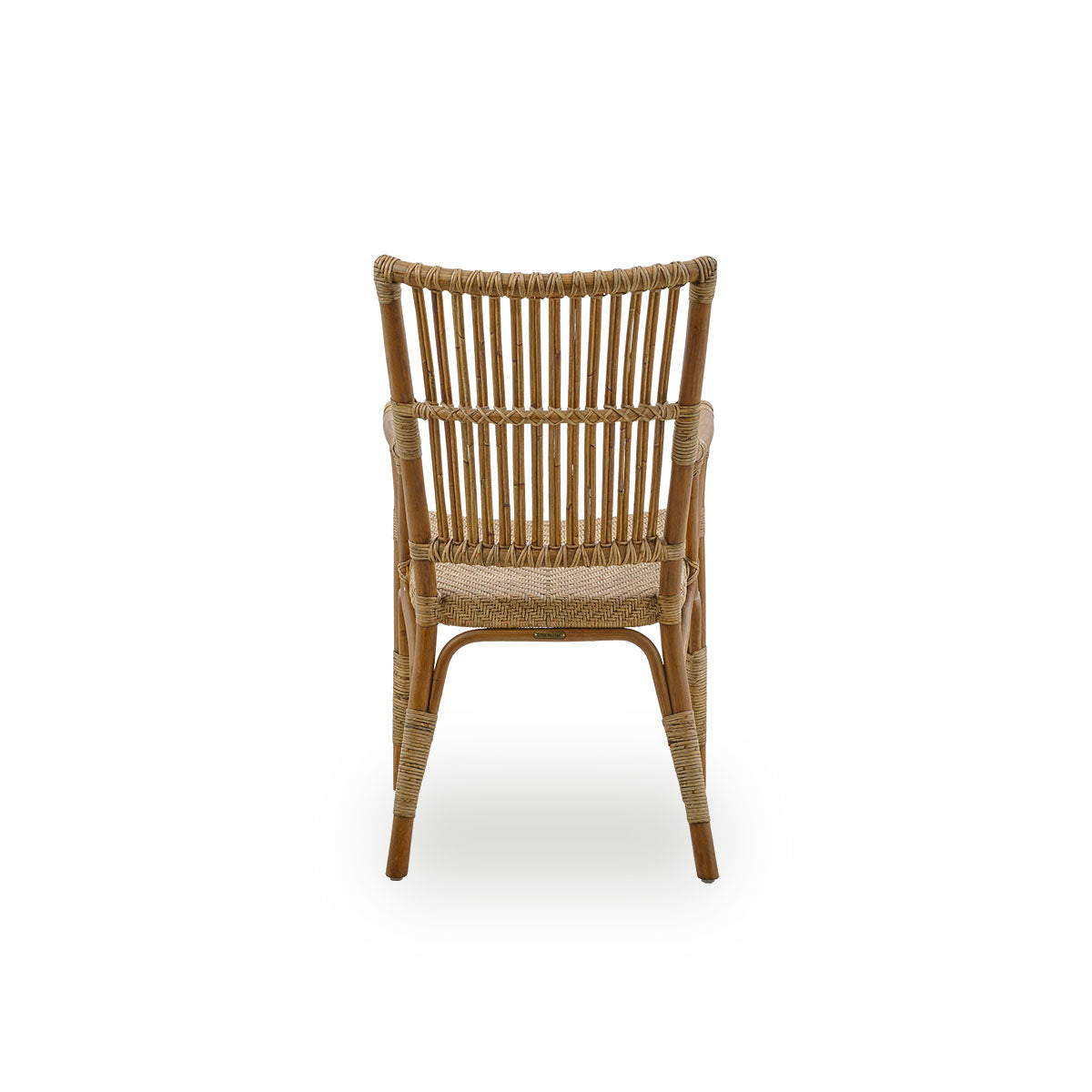 Plain back view of Piano armchair in Antique brown color. Elegant wicker chair with high backrest and armrests handcrafted from high quality Indonesian rattan.