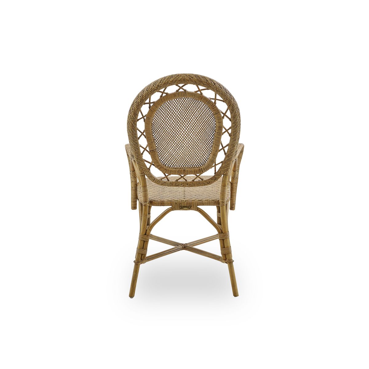 Plain back view of Romantica dining chair in Antique brown color. Elegant, romantic wicker dining chair with round backrest and fully woven seat in charming Danish design. Handcrafted from high-quality Indonesian rattan.