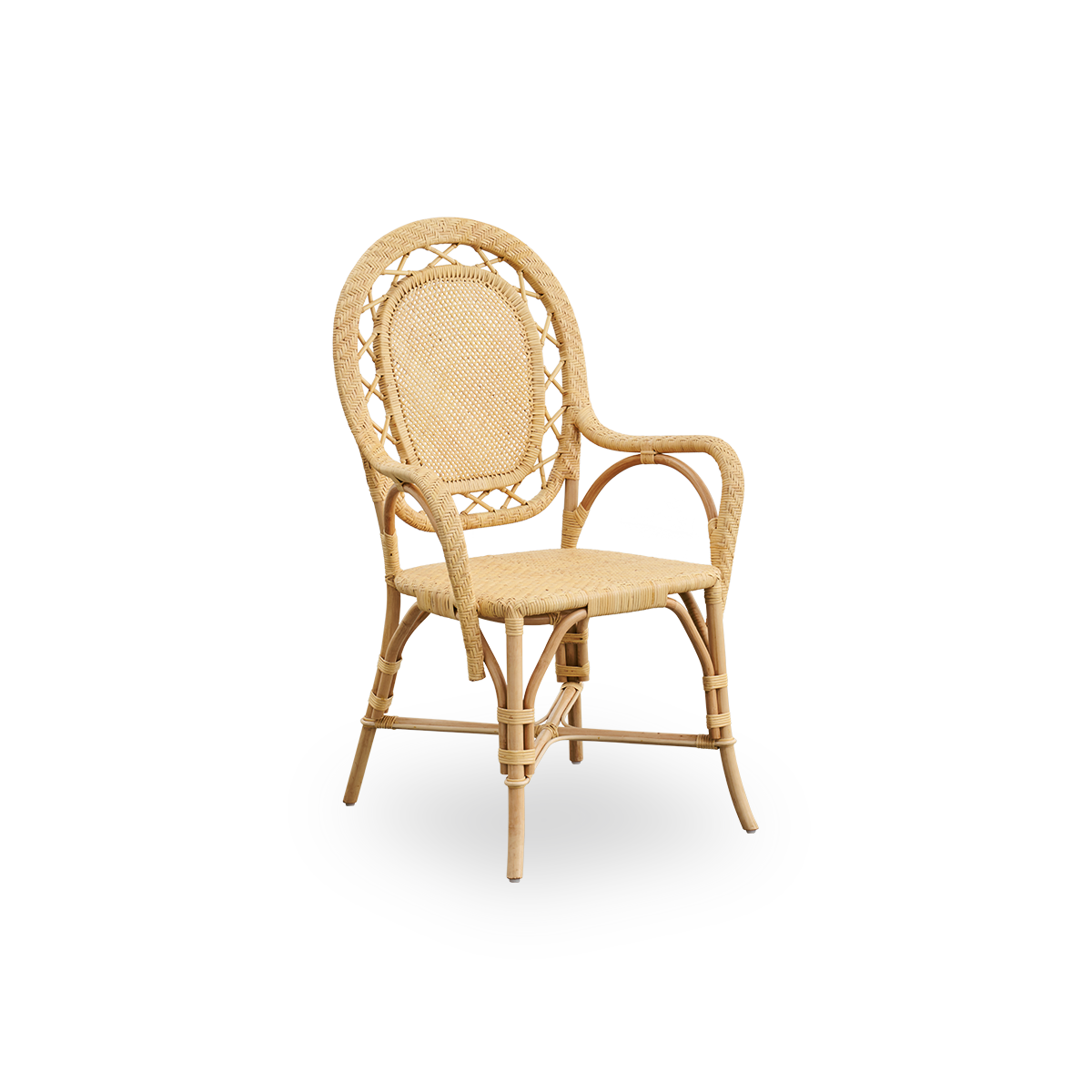 Side view of Romantica dining chair in Natural color. Elegant, romantic wicker dining chair with round backrest and fully woven seat in charming Danish design. Handcrafted from high-quality Indonesian rattan.