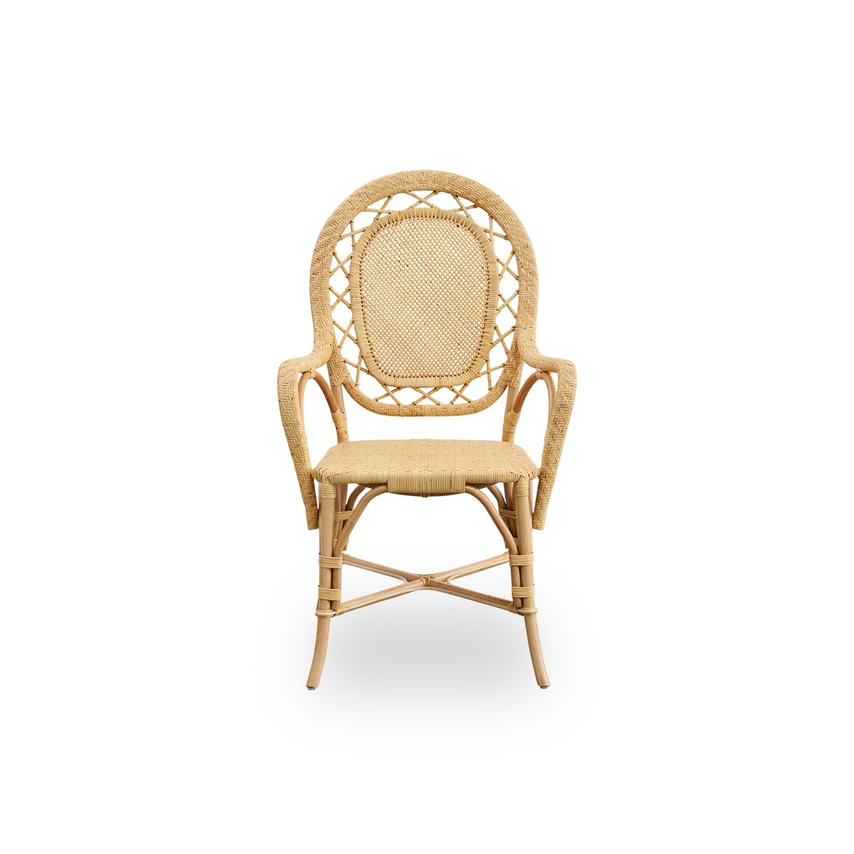 Front view of the Romantica outdoor dining chair in antique brown color.
Elegant, romantic dining chair with round backrest and fully woven seat in charming Danish design. Aluminum frame in rattan look with ArtFibre bindings.