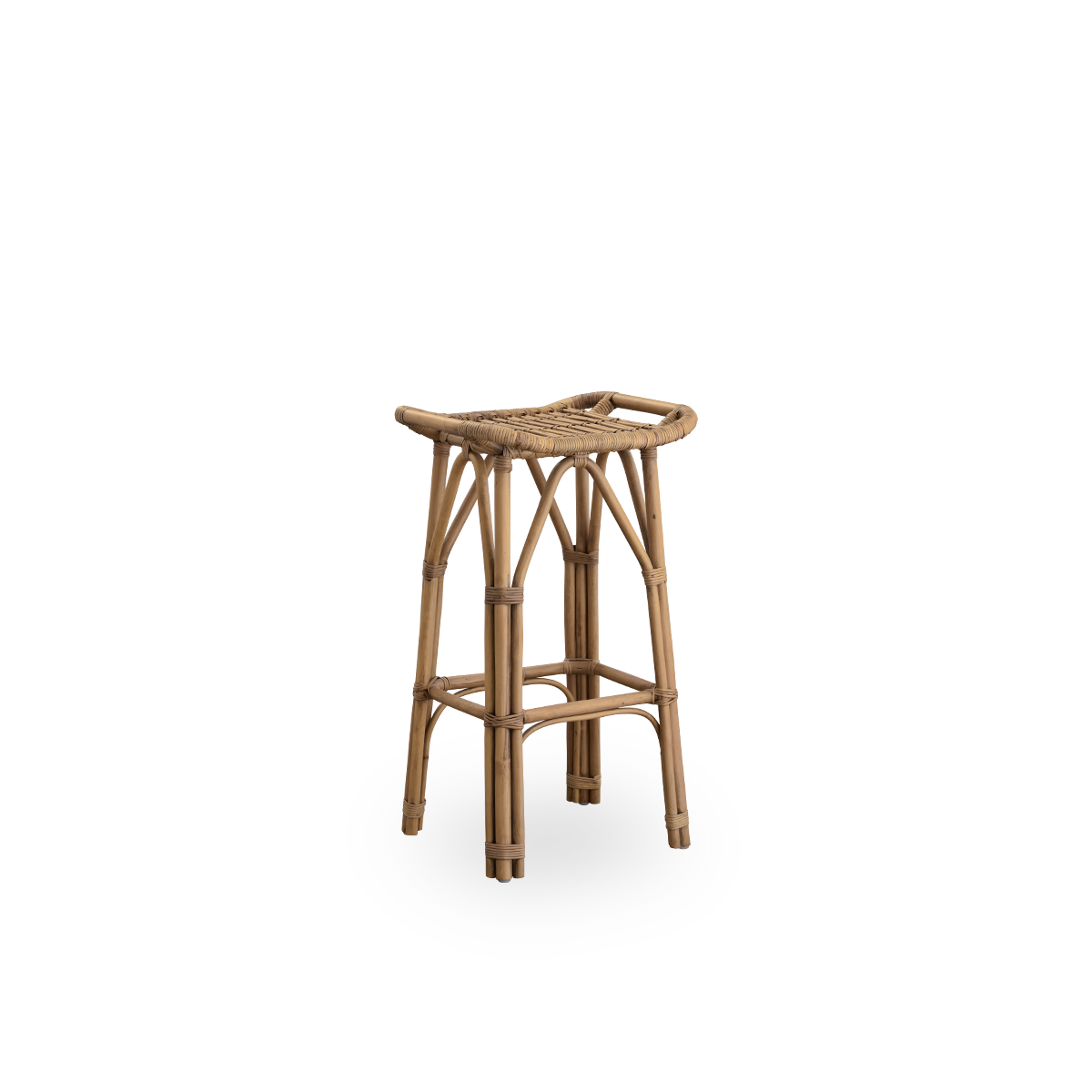 Side view of Salsa rattan barstool with footrest and curved seat. Handcrafted from high-quality Indonesian rattan. Height 79 cm.