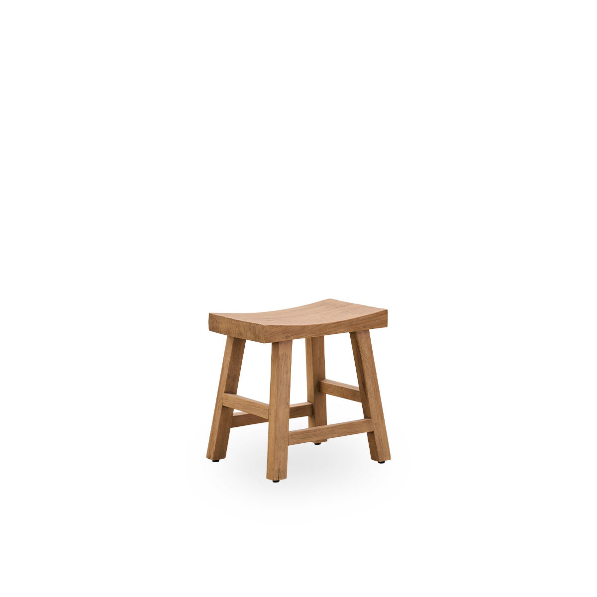 Side view of the Charles stool, an elegant stool made from patinated teak crafted from Indonesian legal wood, with a rustic finish.