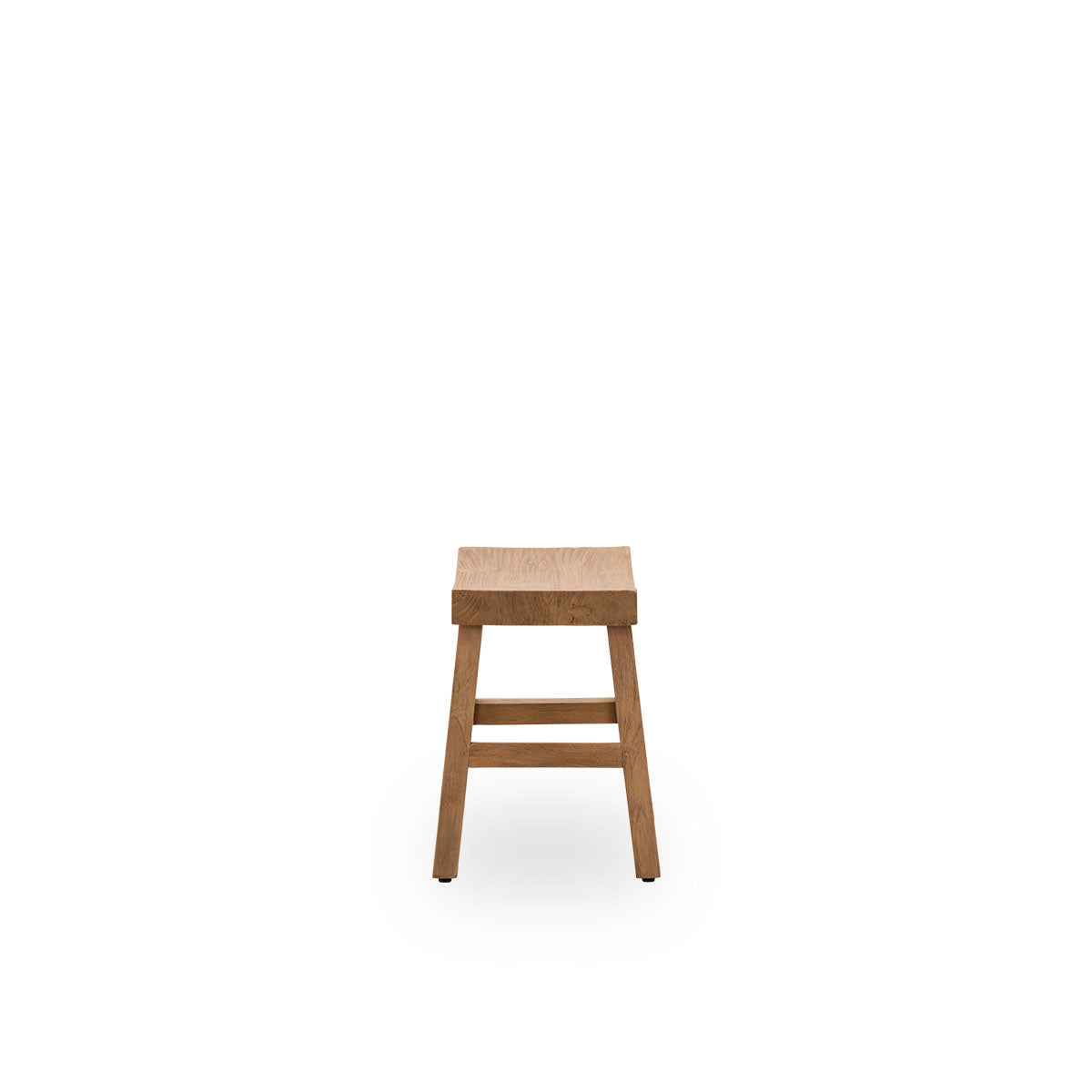 Plain side view of the Charles stool, an elegant stool made from patinated teak crafted from Indonesian legal wood, with a rustic finish.