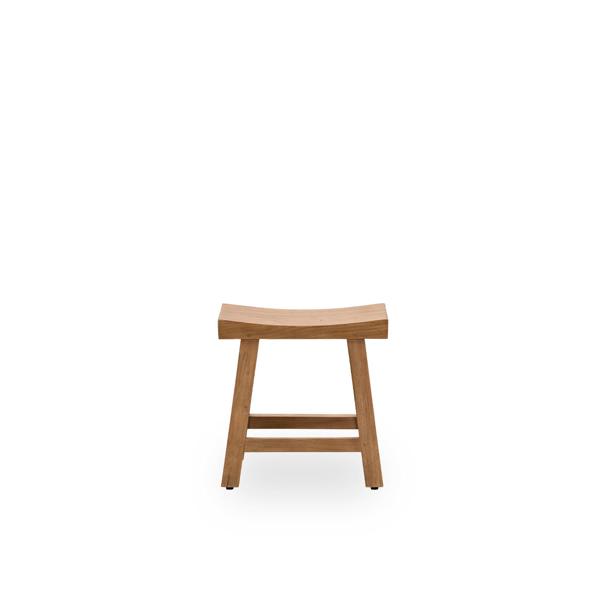 Front view of the Charles stool, an elegant stool made from patinated teak crafted from Indonesian Legal Wood, with a rustic finish.
