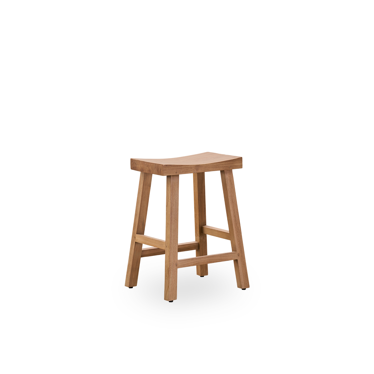 Side view of the Charles counter stool, an elegant stool made from patinated teak crafted from Indonesian legal wood, with a rustic finish.