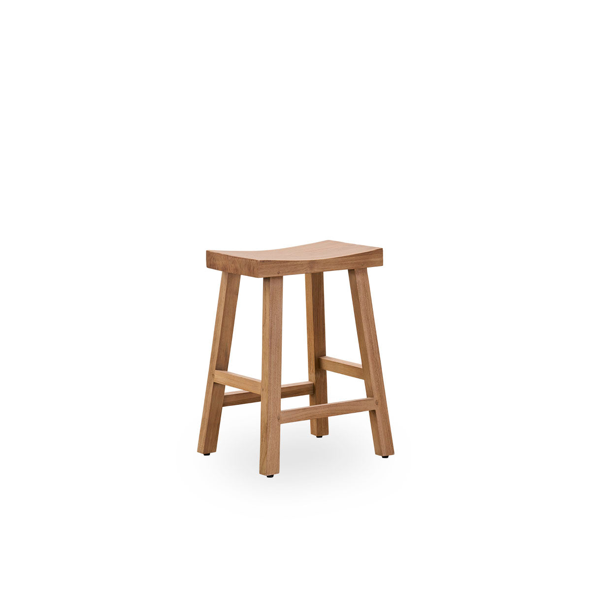 Side view of the Charles counter stool, an elegant stool made from patinated teak crafted from Indonesian legal wood, with a rustic finish.