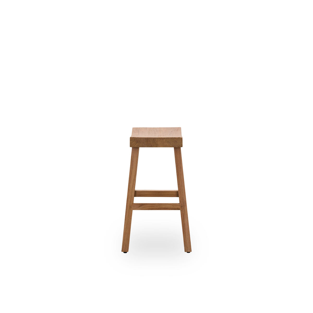 Plain side view of the Charles counter stool, an elegant stool made from patinated teak crafted from Indonesian legal wood, with a rustic finish.