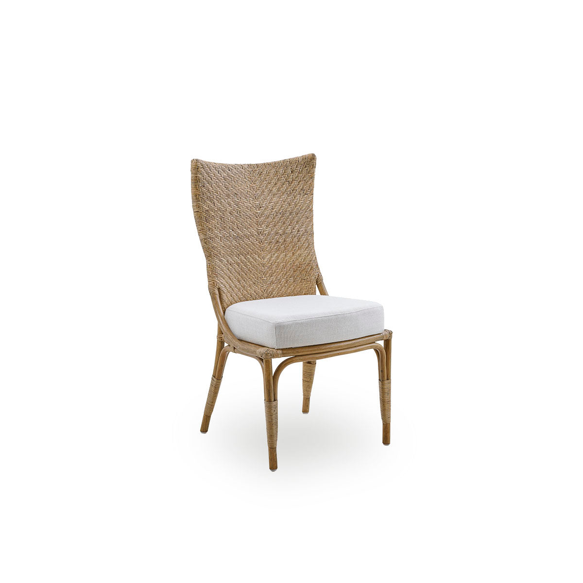 Side view of Melody dining chair in Antique rattan color with high fully woven rattan backrest and upholstery seat.