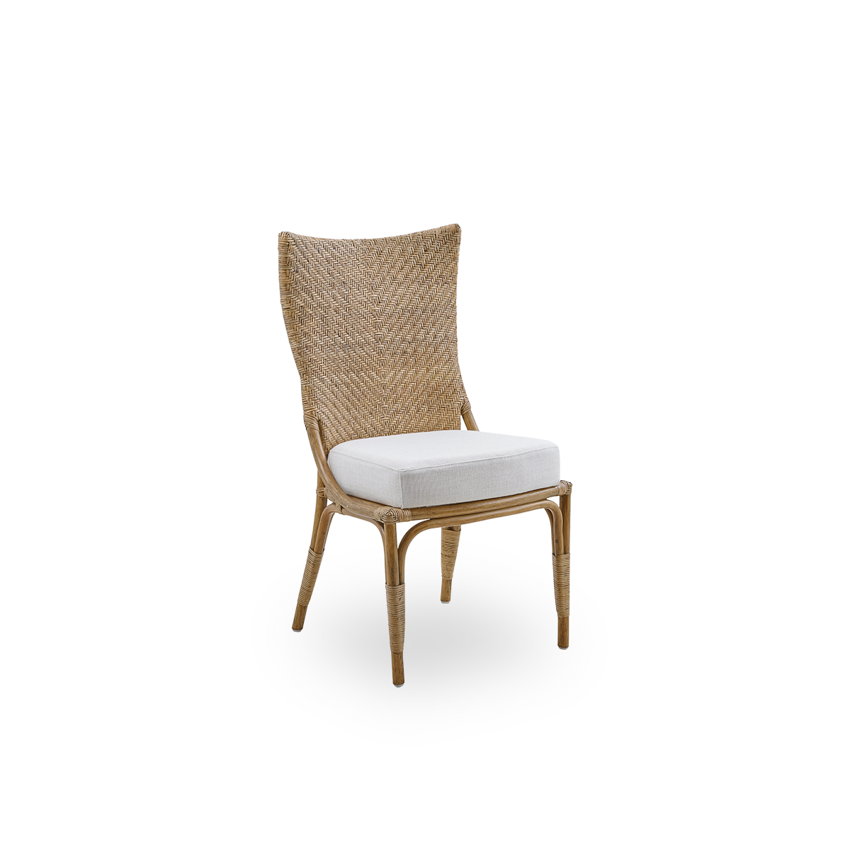 Side view of Melody dining chair in Antique rattan color with high fully woven rattan backrest and upholstery seat.