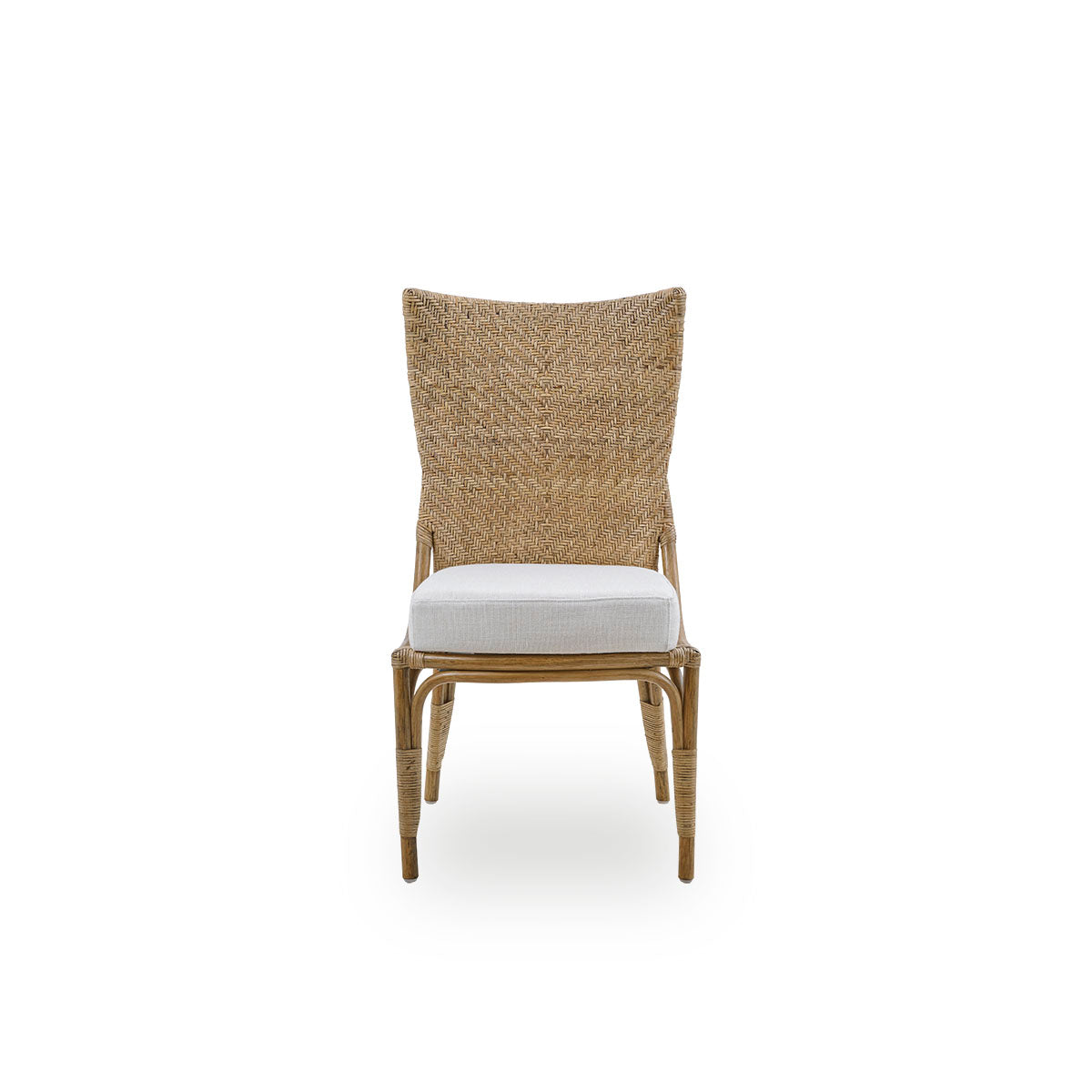 Front view of the Melody dining chair in antique rattan color with a high fully woven rattan backrest and upholstered seat.