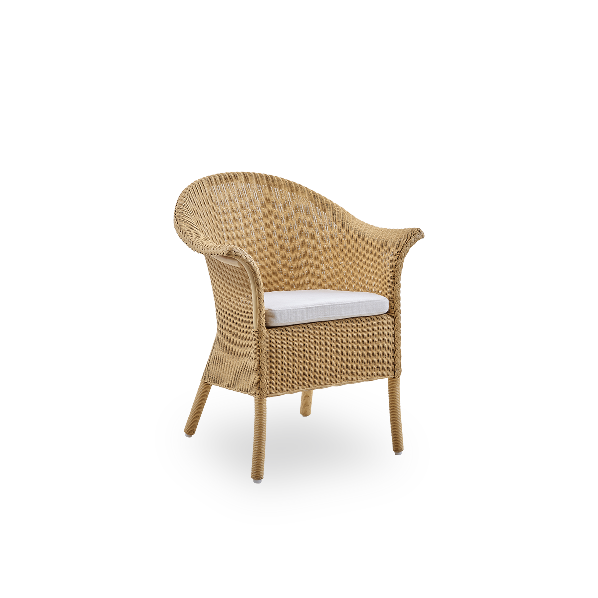 Side view of Classic dining chair, a fully woven wicker dining chair handcrafted in Lloyd Loom material. The Classic chair features armrests and a high backrest for extra comfort and support.