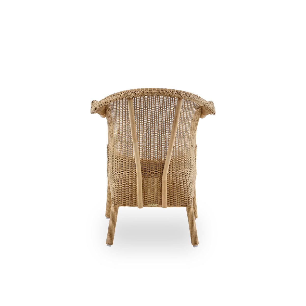 Plain back view of Classic dining chair, a fully woven wicker dining chair handcrafted in Lloyd Loom material. The Classic chair features armrests and a high backrest for extra comfort and support.