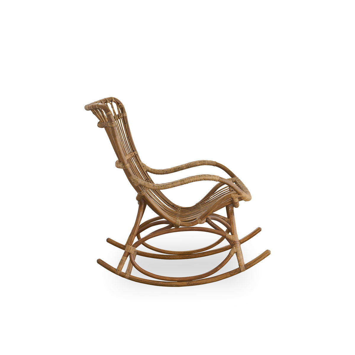 Plain side view of Monet rocking chair with high backrest and armrests presented in Antique brown color. Handcrafted from high-quality Indonesian rattan.