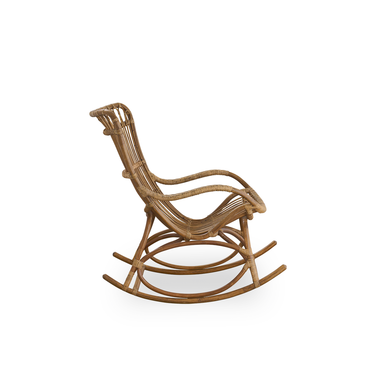 Plain side view of Monet rocking chair with high backrest and armrests presented in Antique brown color. Handcrafted from high-quality Indonesian rattan.