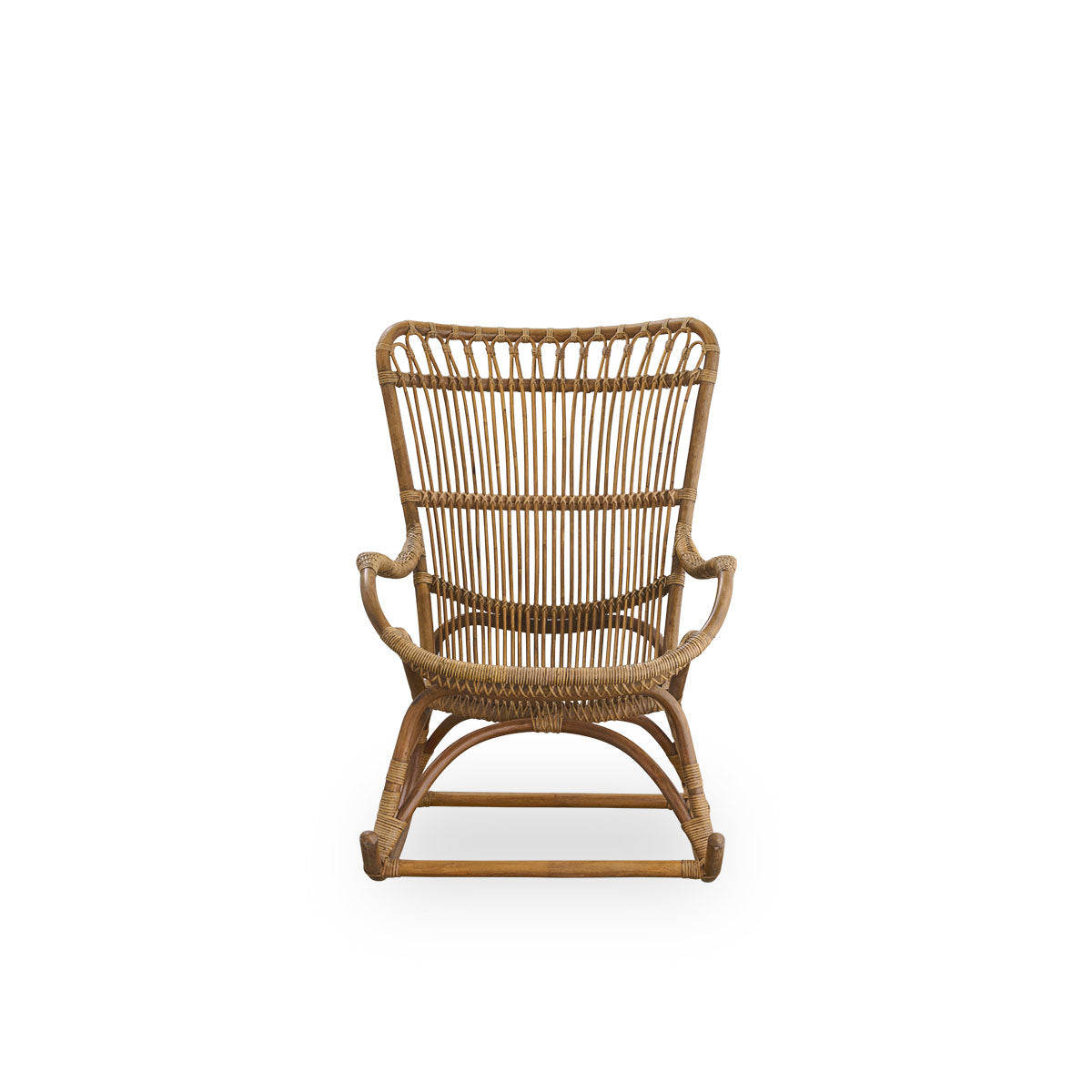 Front view of the Monet rocking chair with high backrest and armrests presented in antique brown color.
Handcrafted from high-quality Indonesian rattan.