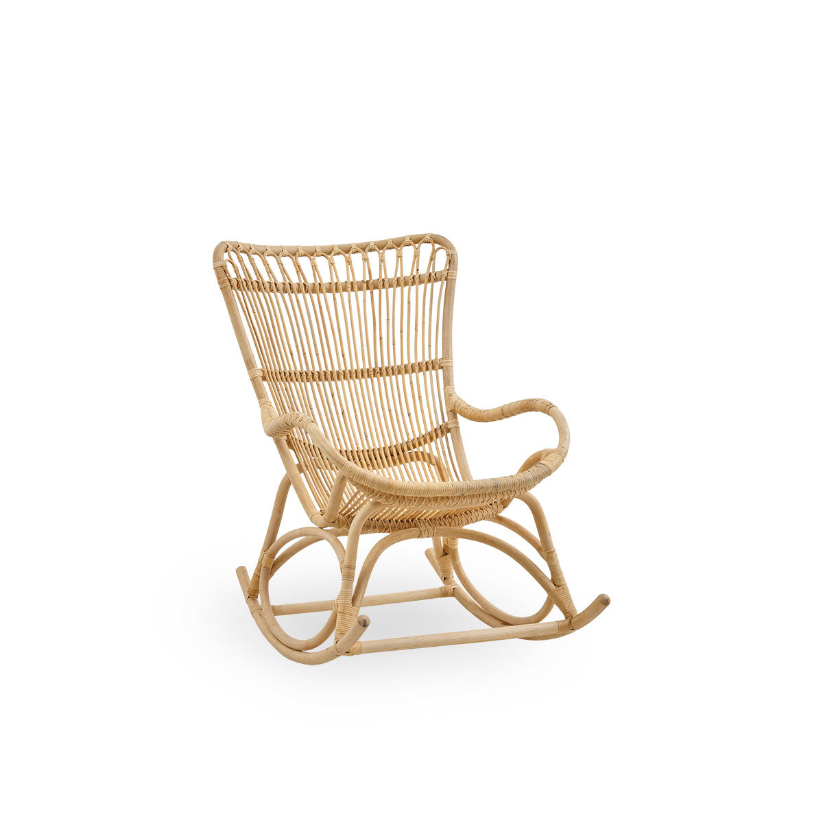 Side view of Monet rocking chair with high backrest and armrests presented in natural rattan. Handcrafted from high-quality Indonesian rattan.