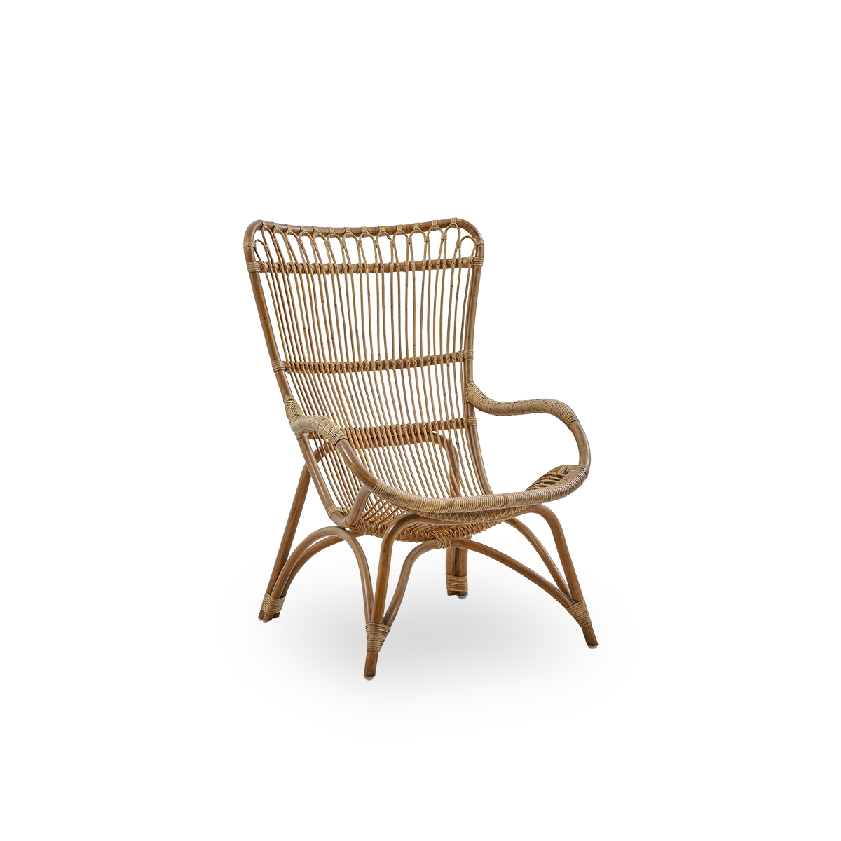 Side view of Monet lounge chair with high backrest and armrests presented in Antique brown color. Handcrafted from high-quality Indonesian rattan.