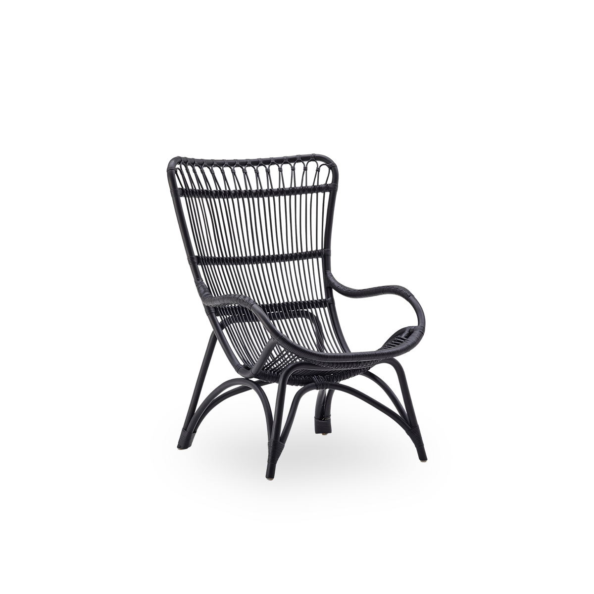 Side view of Monet lounge chair with high backrest and armrests presented in black color. Handcrafted from high-quality Indonesian rattan.