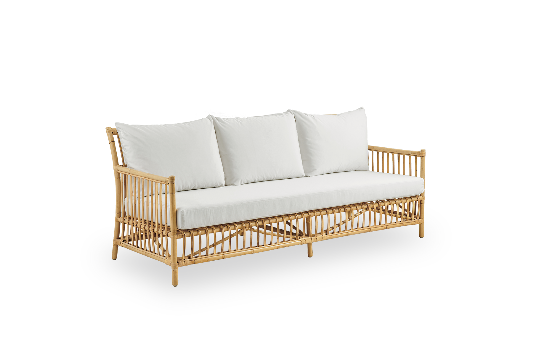 Side view of Caroline 3-seater wicker sofa, simple and elegant Danish design. Handcrafted from Indonesian rattan with detailed woven accents for a cozy, calming presence.