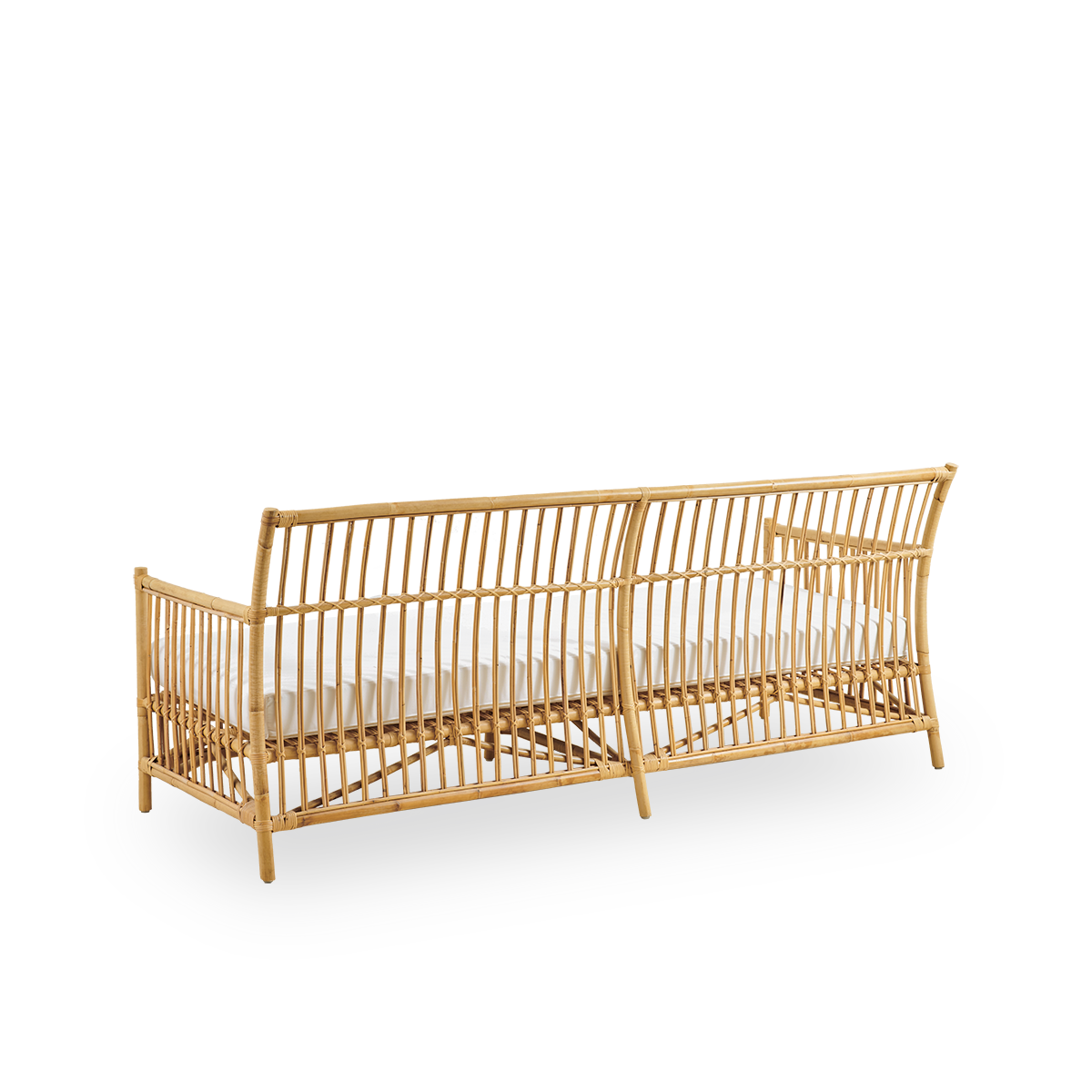 Plain back view of Caroline 3-seater wicker sofa, simple and elegant Danish design. Handcrafted from Indonesian rattan with detailed woven accents for a cozy, calming presence.