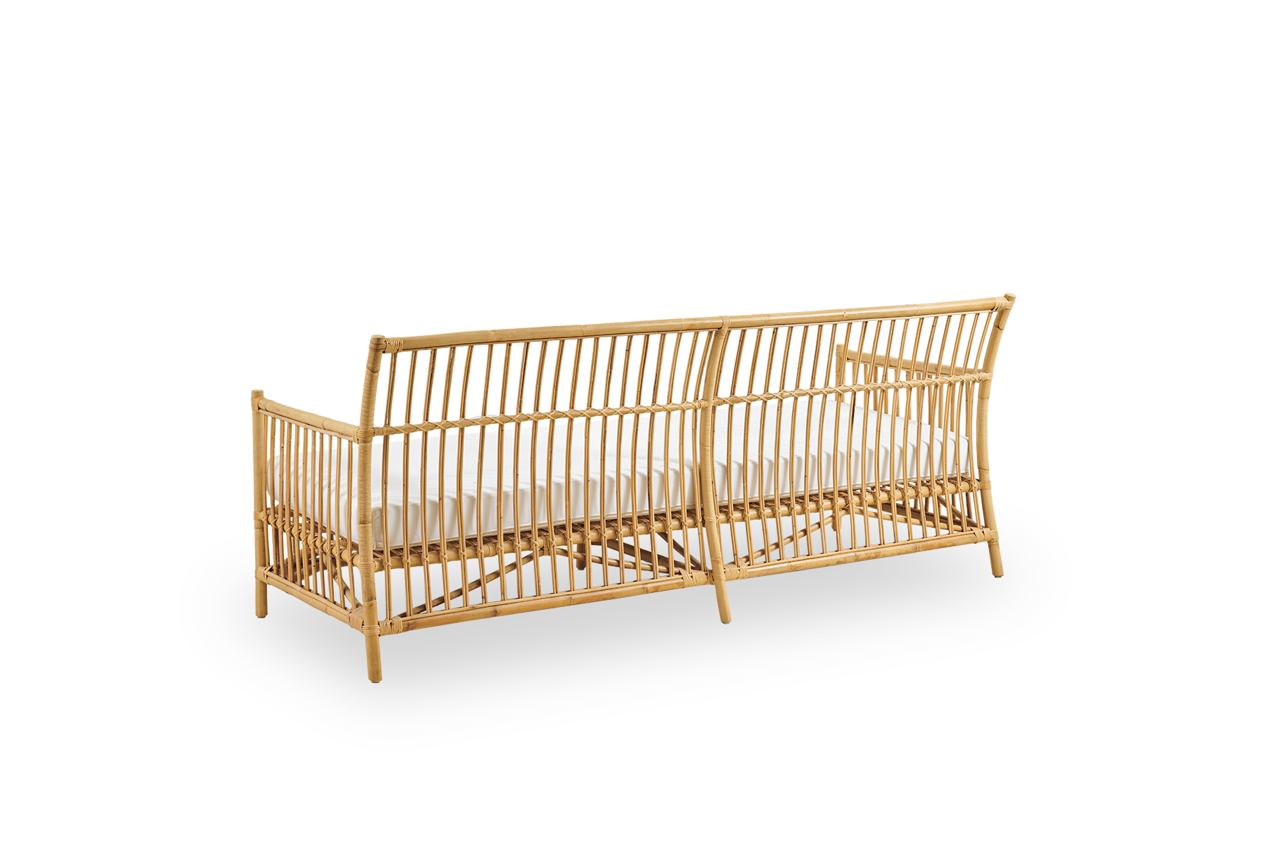 Plain back view of Caroline 3-seater wicker sofa, simple and elegant Danish design. Handcrafted from Indonesian rattan with detailed woven accents for a cozy, calming presence.