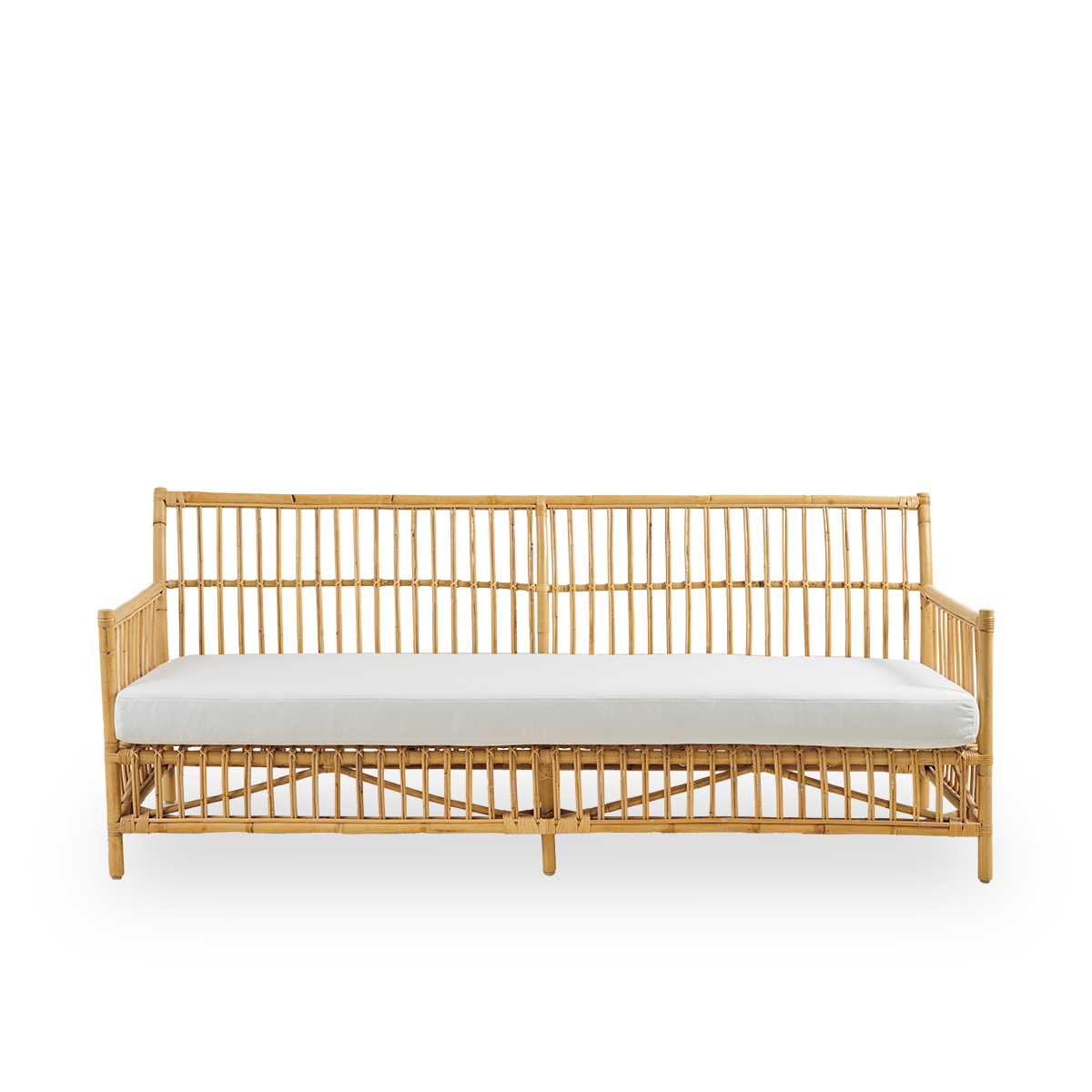Front view of Caroline 3-seater wicker sofa, simple and elegant Danish design. Handcrafted from Indonesian rattan with detailed woven accents for a cozy, calming presence.