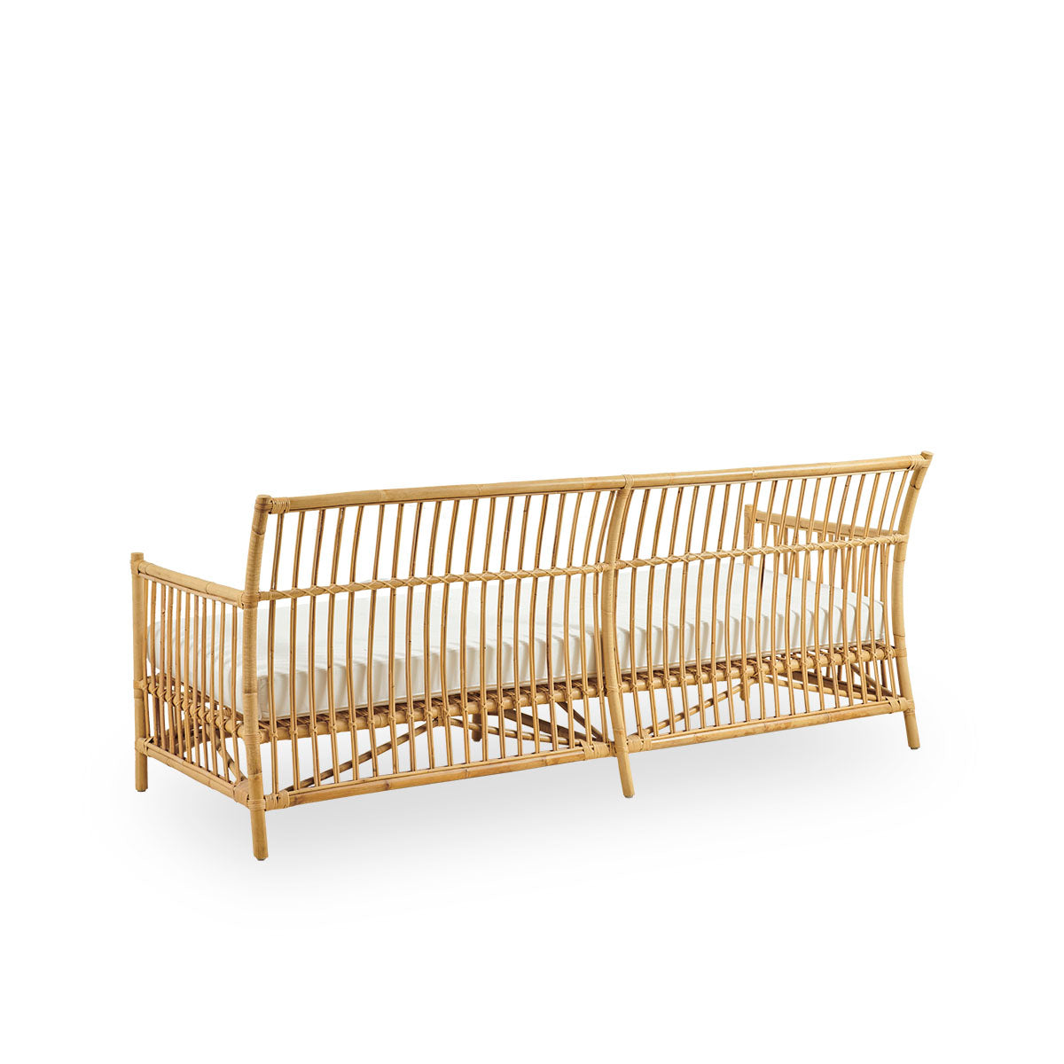 Plain back view of Caroline 3-seater wicker sofa, simple and elegant Danish design. Handcrafted from Indonesian rattan with detailed woven accents for a cozy, calming presence.