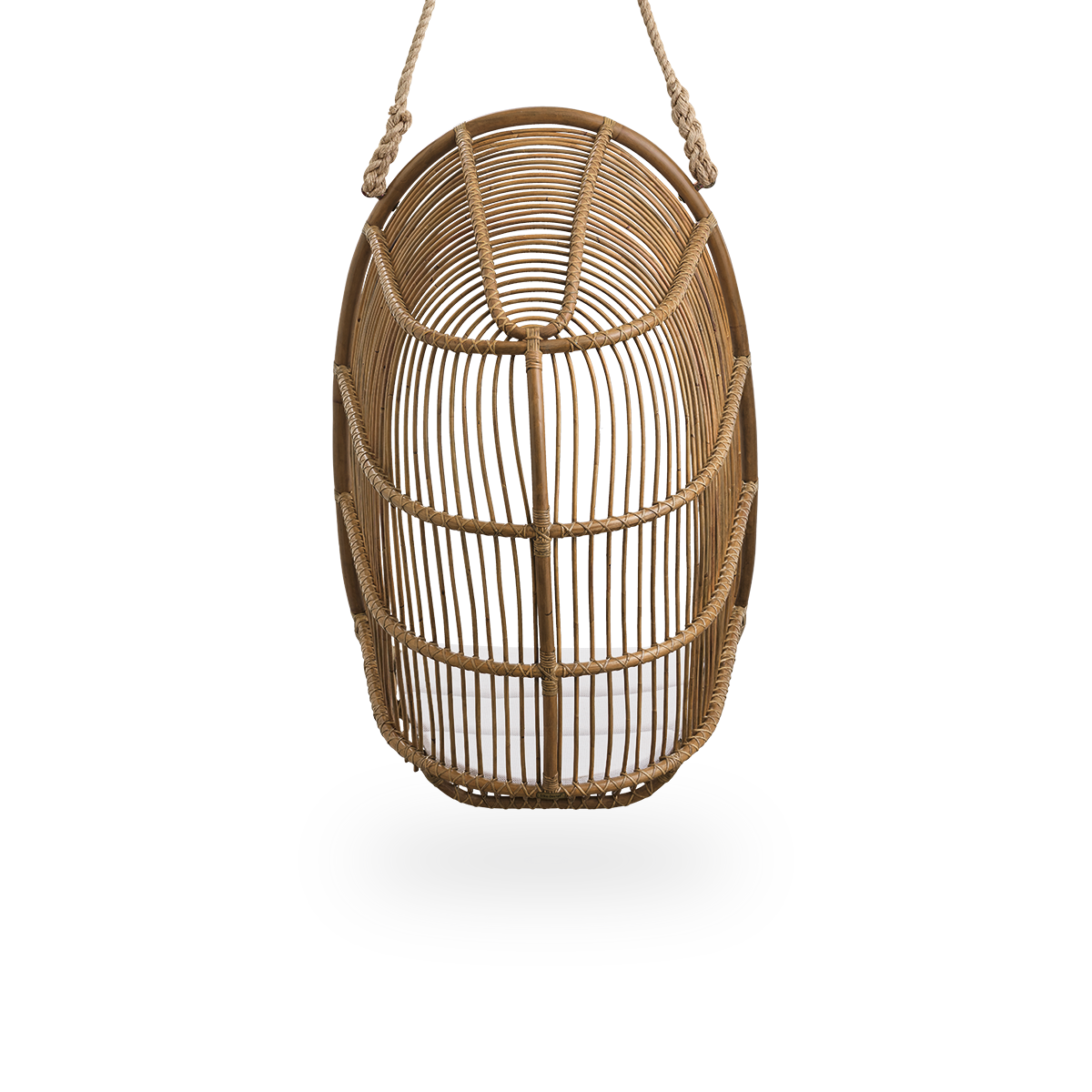Plain back view of Renoir hanging chair in Antique brown color handcrafted in high quality rattan. Soft, embracing shape suspended with strong rope.