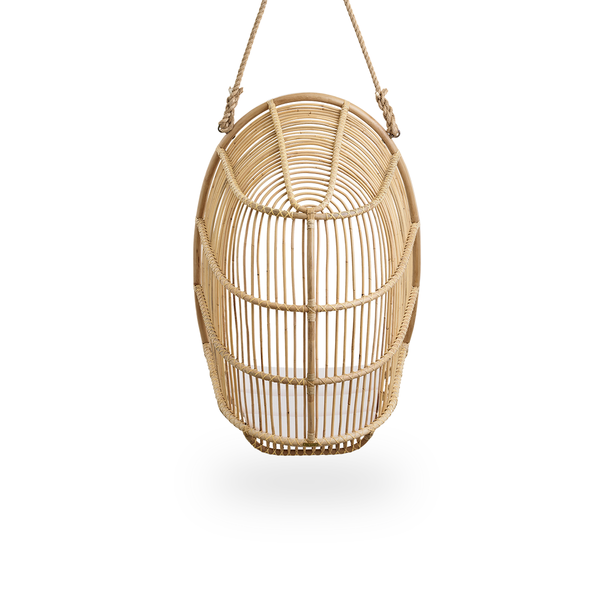 Plain back view of Renoir hanging chair in Natural color handcrafted in high quality rattan. Soft, embracing shape suspended with strong rope.