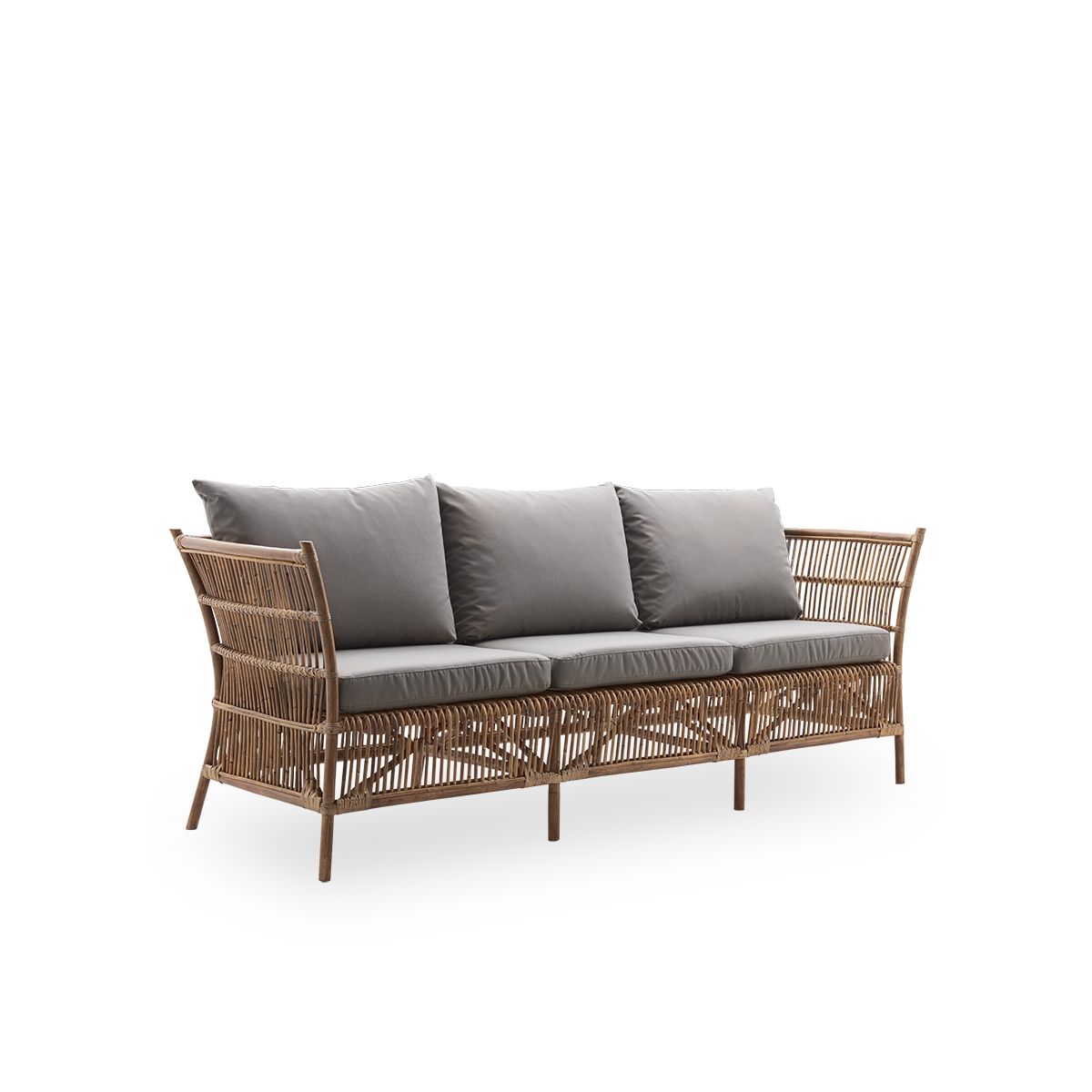 Side view of Donatello 3-seater wicker sofa in Antique brown color. The sofa has a boxy design with strict lines handcrafted from high-quality Indonesian rattan.
