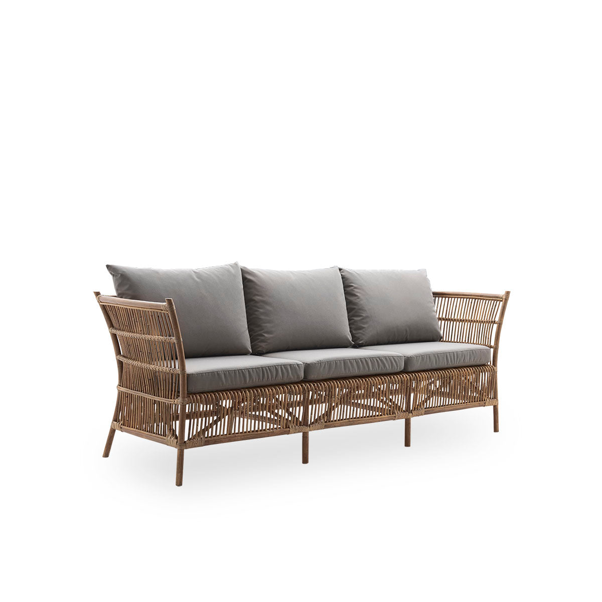 Side view of Donatello 3-seater wicker sofa in Antique brown color. The sofa has a boxy design with strict lines handcrafted from high-quality Indonesian rattan.