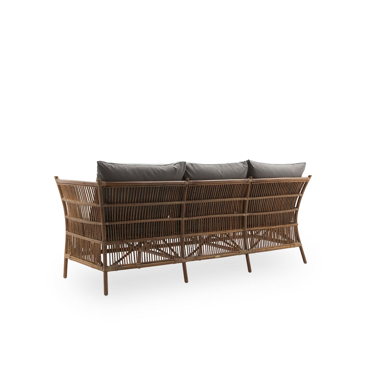 Plain back view of Donatello 3-seater wicker sofa in Antique brown color. The sofa has a boxy design with strict lines handcrafted from high-quality Indonesian rattan.