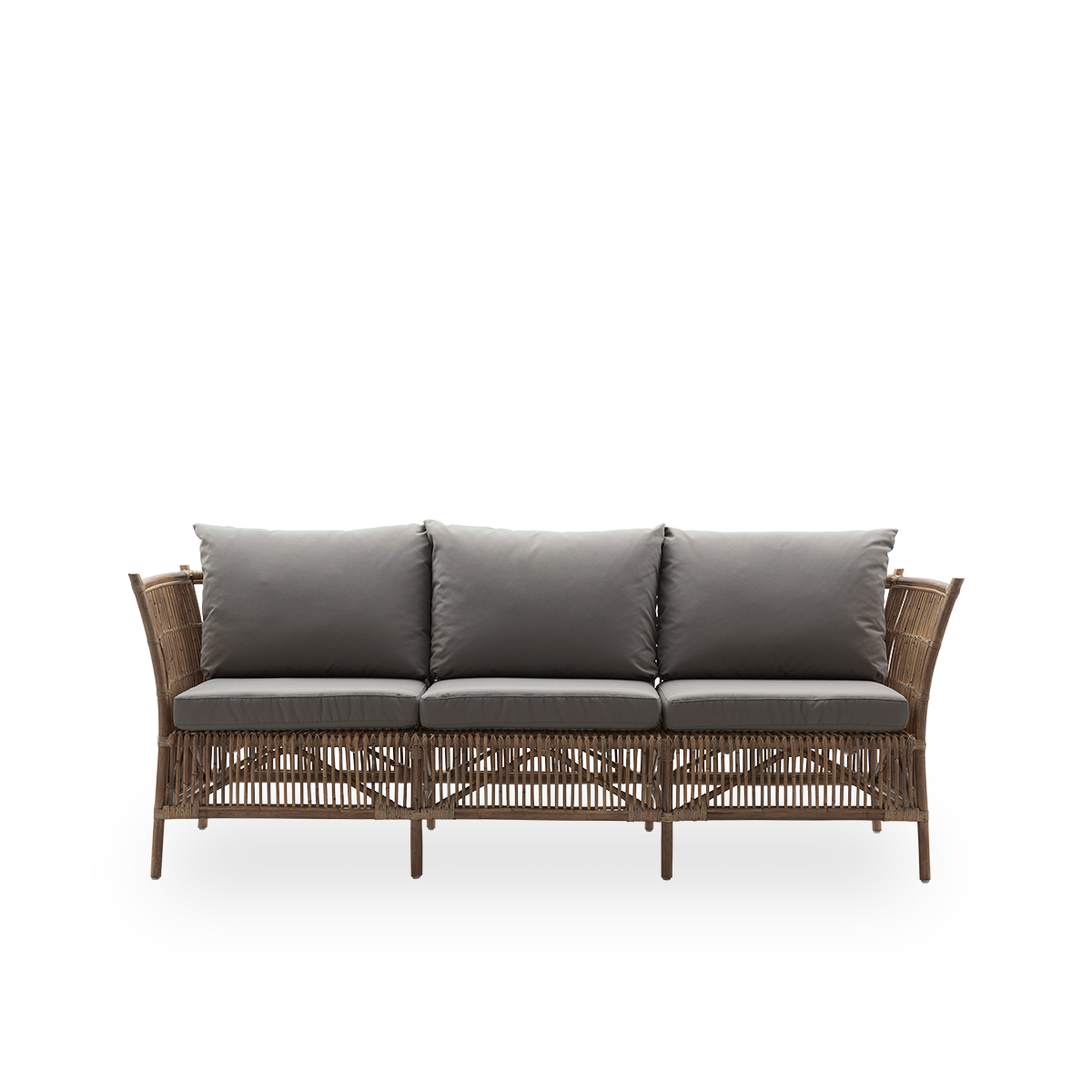 Front view of the Donatello 3-seater wicker sofa in antique brown color. The sofa has a boxy design with strict lines, handcrafted from high-quality Indonesian rattan.
