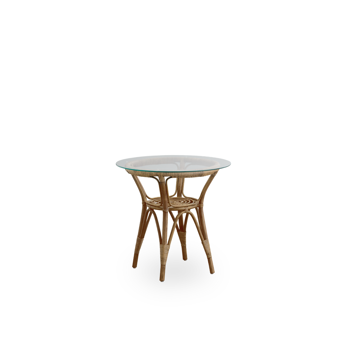 Side view of Tony side table with 8mm tempered glass top. Handcrafted frame in high-quality Indonesian rattan i Antique color.