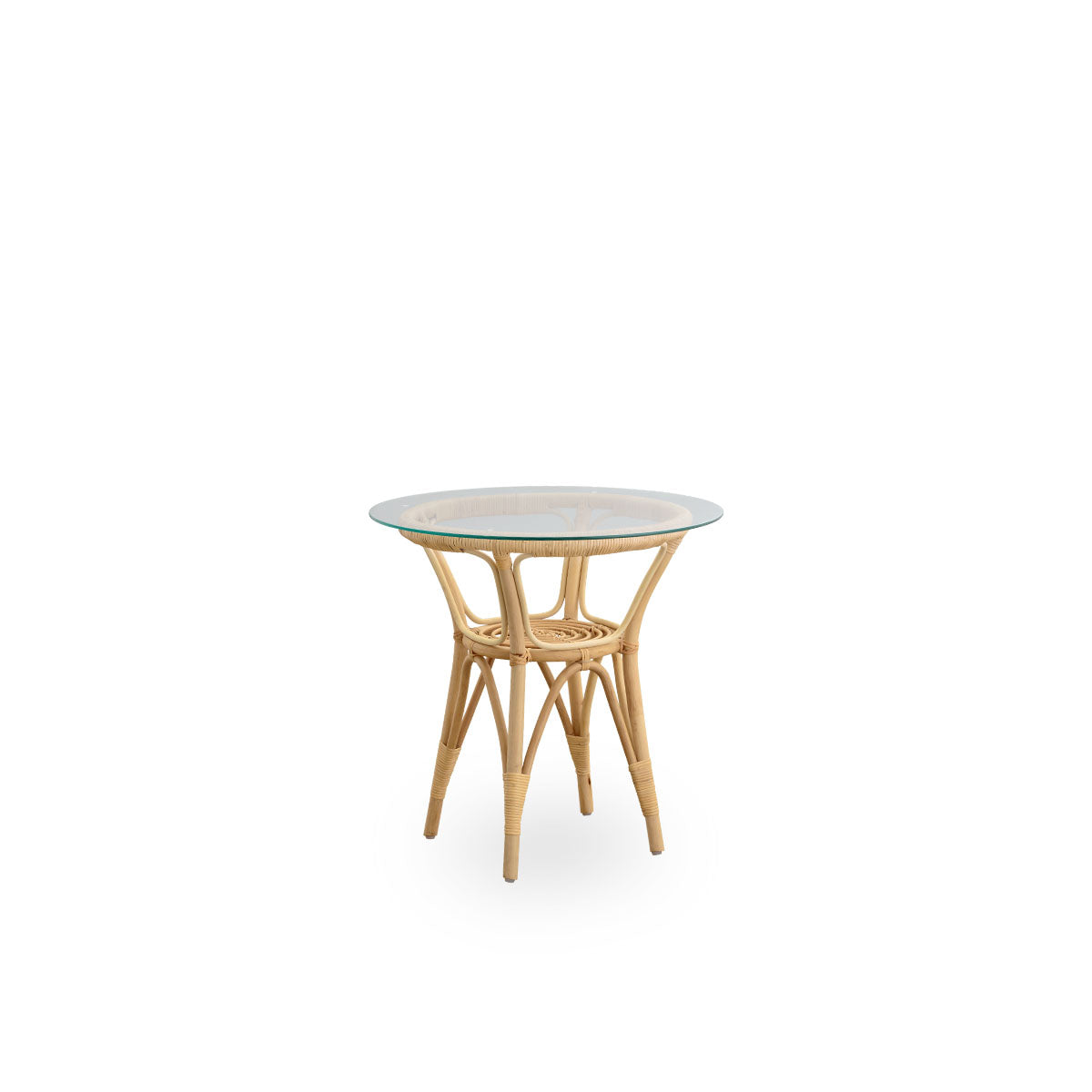 Side view of Tony side table with 8mm tempered glass top. Handcrafted frame in high-quality Indonesian rattan.