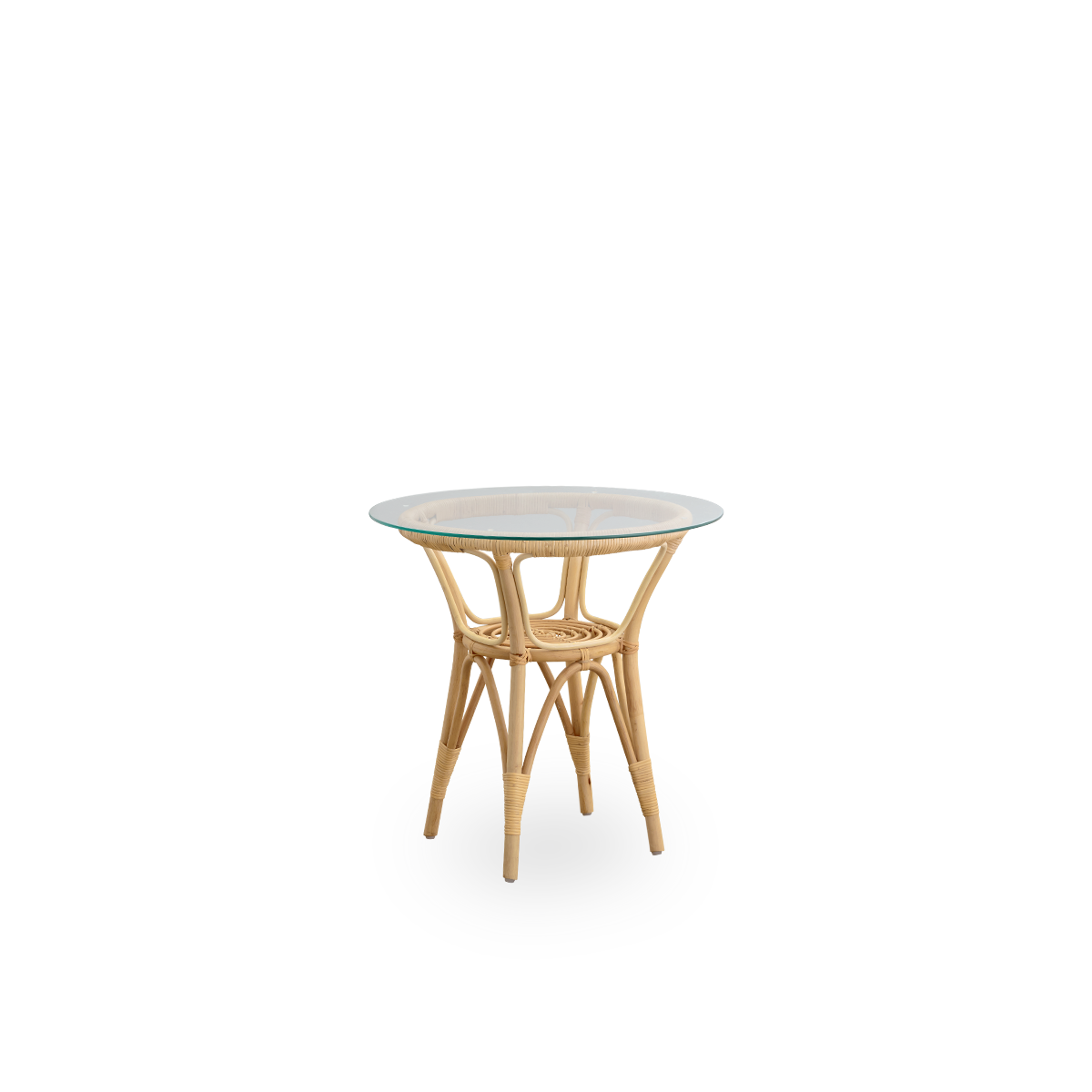 Side view of Tony side table with 8mm tempered glass top. Handcrafted frame in high-quality Indonesian rattan.