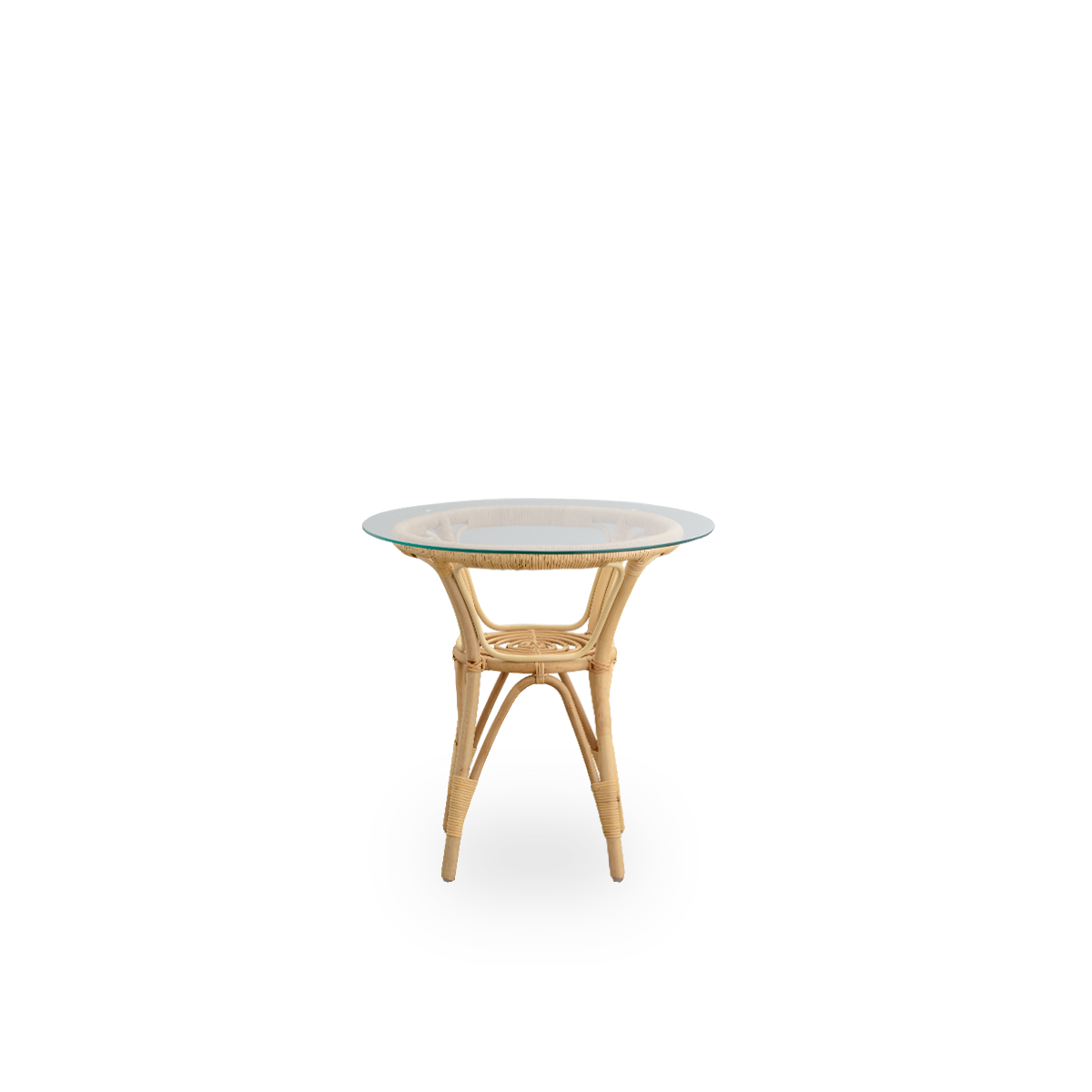 Front view of the Tony side table with 8 mm tempered glass top.
Handcrafted frame in high-quality Indonesian rattan.