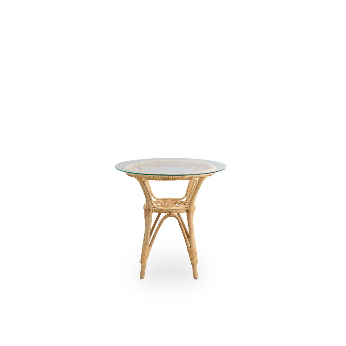 Front view of the Tony side table with 8 mm tempered glass top.
Handcrafted frame in high-quality Indonesian rattan.