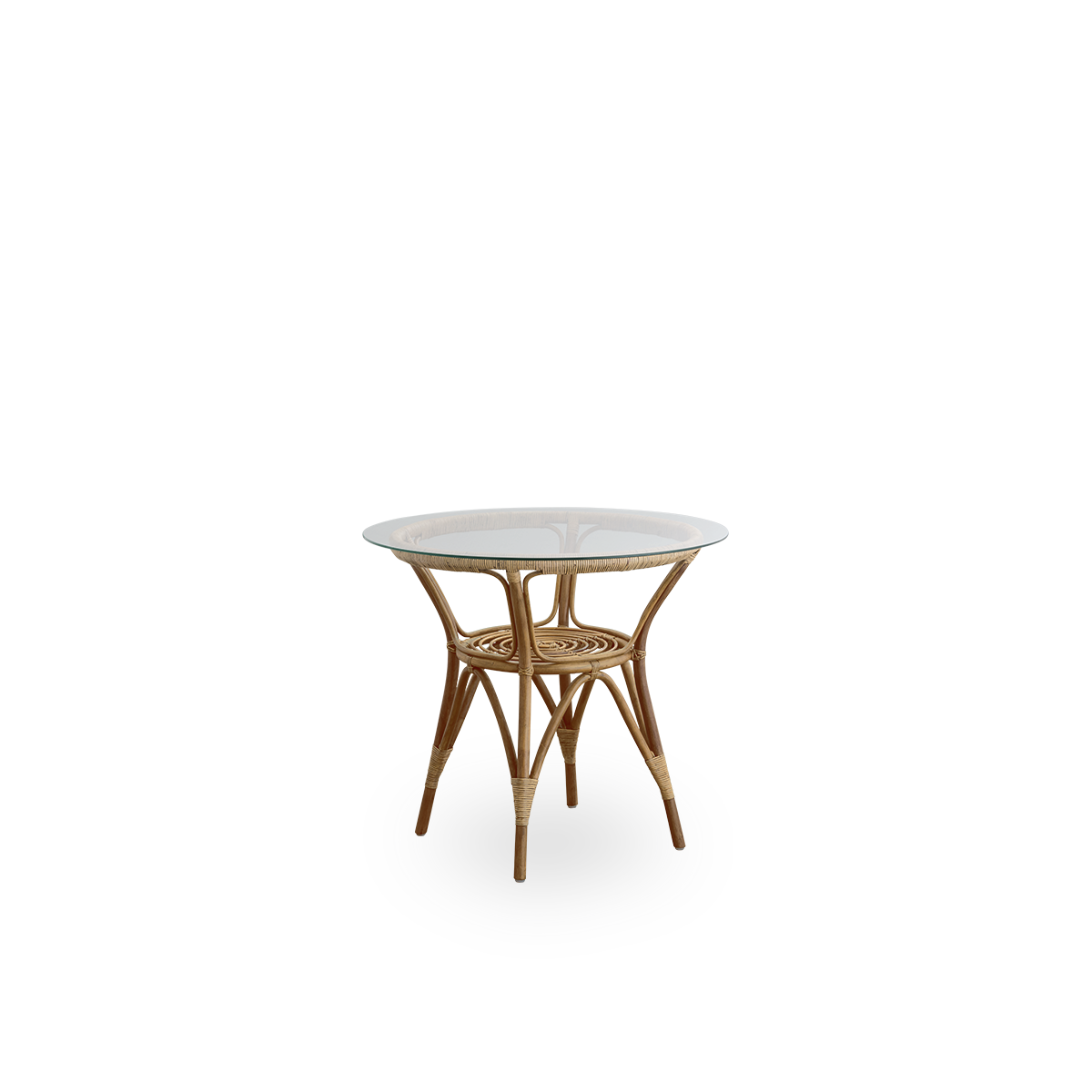Side view of Tony rattan café table in Antique brown color with 8mm tempered glass top. Rattan frame handcrafted in high-quality Indonesian rattan.