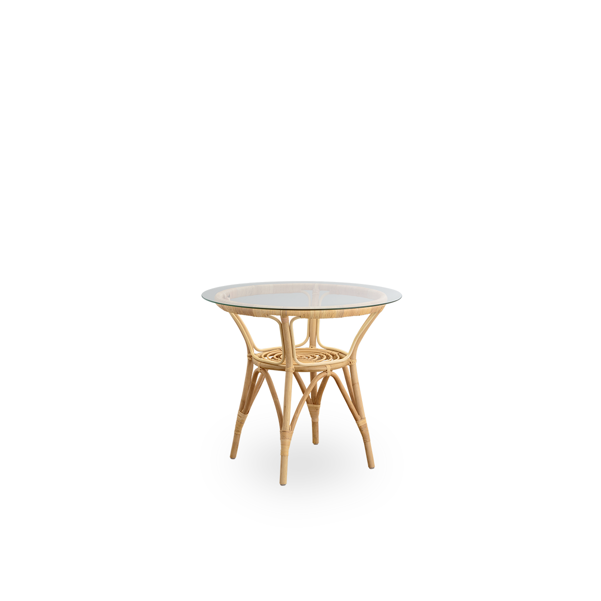 Side view of Tony rattan café table with 8mm tempered glass top. Rattan frame handcrafted in high-quality Indonesian rattan.